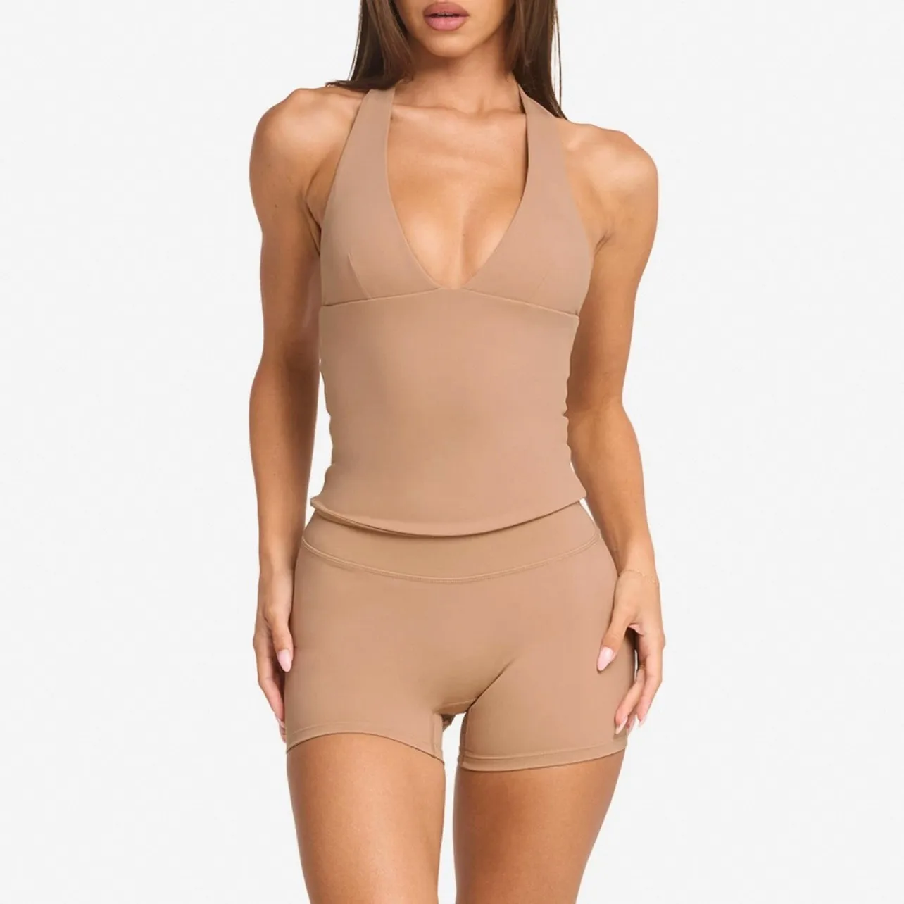 Women's Halter Neck Yoga Vest V-Neck Built-in Bra Naked-Feel Moisture-Wicking Workout Top Gym Fitness Seamless Activewear - Image 2